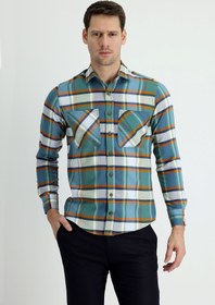 Resim Koyu Yeşil Uzun Kol Slim Fit Dar Kesim Ekose Oduncu Pamuklu Gömlek 