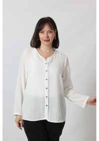 Resim Moda Berray Bb-0269 Keten Kolu Apoletli Sıfır Yaka Büyük Beden Beyaz Gömlek Beyaz 