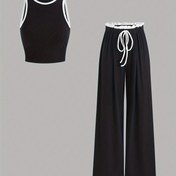 Resim Kadınlar İçin Gündelik Kontrast Bağcıklı Kolsuz Crop Üst ve Geniş Paça Pantolon Seti, Örgü Kumaş Polyester Karışımı ( %95 Polyester, %5 Elastan), Crew Boyunlu Yelek ve Pantolon Takımı, Normal Beden, İlkbahar/Yaz Koleksiyonu 