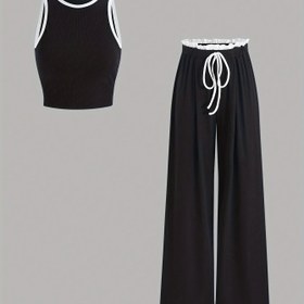 Resim Kadınlar İçin Gündelik Kontrast Bağcıklı Kolsuz Crop Üst ve Geniş Paça Pantolon Seti, Örgü Kumaş Polyester Karışımı ( %95 Polyester, %5 Elastan), Crew Boyunlu Yelek ve Pantolon Takımı, Normal Beden, İlkbahar/Yaz Koleksiyonu 