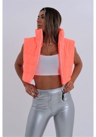 Resim Keyifli Moda Kadın Nar Çiçeği Dik Yaka Kısa Şişme Yelek 