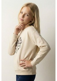 Resim Breeze Kız Çocuk Sweatshirt Fiyonk Baskı Nakışlı Yazılı 6-12 Yaş, Krem Krem 
