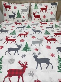 Resim Çift Kişilik Kumaş Çarşaf Seti Yılbaşı Desen Beyaz 