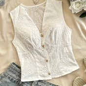 Resim Kadınlar için şık kolsuz V-Neck Üst - Şık Yazlık Örgü Bluz, Gözdetaylı Detaylarla, Nefes Alabilen Polyester, Rahat veya Şık Kıyafet İçin Mükemmel 