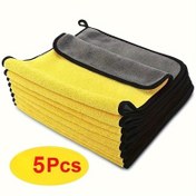 Resim 5'li Paket Çift Taraflı Mercan Polar Mikrofiber Temizlik Bezleri - Yüksek Emicilikte Yeniden Kullanılabilir Havlular, İki Renkli Tasarım (Sarı ve Siyah), Ev, Mutfak, Araba, Banyo, Cam Temizliği, Bulaşık Havluları için Kare Şekil 