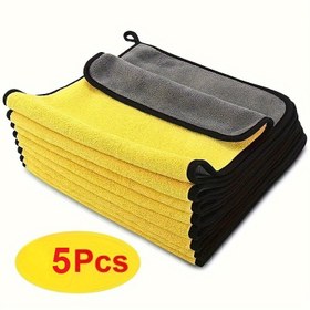 Resim 5'li Paket Çift Taraflı Mercan Polar Mikrofiber Temizlik Bezleri - Yüksek Emicilikte Yeniden Kullanılabilir Havlular, İki Renkli Tasarım (Sarı ve Siyah), Ev, Mutfak, Araba, Banyo, Cam Temizliği, Bulaşık Havluları için Kare Şekil 