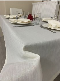 Resim Keten Görünümlü Simli Masa Örtüsü Bej 25 Parça Set 