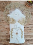 Resim Yenidoğan Pamuk Taç Benim Prensesim Nakışlı Trilüks Kundak Bebek Battaniyesi Ekru 