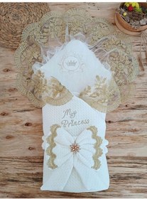 Resim Yenidoğan Pamuk Taç Benim Prensesim Nakışlı Trilüks Kundak Bebek Battaniyesi Ekru 