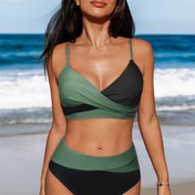 Resim Kadınlar için Yeni Renk Bloklu Çapraz Sırtlı Yüksek Bel İki Parçalı Bikini Mayo 