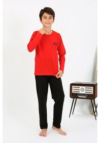 Resim Akbeniz Erkek Çocuk Uzun Kol Penye Pijama Takım 20437 Kırmızı 
