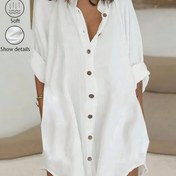 Resim Kadınlar İçin %100 Düğmeli Yaka Gömlek Elbise, Basit Düz Renk Kısa Kollu Mini Yazlık İş Giyimi 