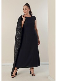 Resim By Saygı Yarım Ay Kollu Uzun Krep Elbise Kolu Ve Önü Pulpayet Kaftan Astarlı Büyük Beden 2'li Takım-34854-siyah Siyah 