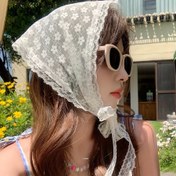 Resim 1 adet Fransız Tarzı Dantel Bandana Baş Örtüsü, Vintage Pastoral Beyaz Şirin Saç Aksesuarı, Retro Polyester Fiber Tatil Şalı, Dış Mekan Dekorasyonu için 