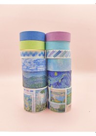Resim Art Vintage Washi Tape Bant Yapışkanlı Maskeleme Kağıdı Desenli Bant 12'li - Mavi Van Gogh Tabloları 1 