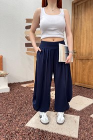 Resim Lusin Kadın Lacivert Beli Lastikli Rahat Kesim Geniş Paça Tiril Şalvar Pantolon 