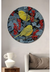 Resim Sarı Kuşlar Ve Kırmızı Böğürtlen Ağaç Desenli Soyut Sanat Ahşap Tablo Yuvarlak Tablo--- 30 X 30 