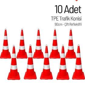 Resim 10 Adet Tpe Trafik Konisi 90 Cm Çift Reflektifli Trafik Dubası Seti-3725 