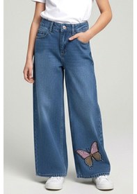 Resim Breeze Kız Çocuk Jean Pantolon Kelebek Nakışlı Düğmeli Fermuarlı 10-14 Yaş, Mavi Mavi 