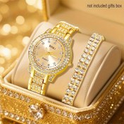 Resim 1 adet Kadın Altın Rhinestone Dekorasyon Çinko Alaşım Kayış Glamour Yuvarlak Kadran Kuvars Saat ve 2 adet Zincir Bileklik, Hediye Tatil için 