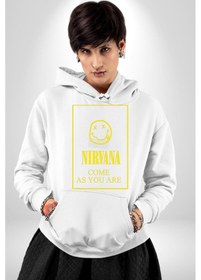 Resim Nirvana Müzik Grubu Kadın Erkek Beyaz Kapüşonlu Sweatshirt Hoodie Beyaz 