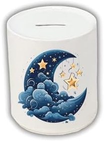 Resim Mavi Ay ve Sarı Yıldız Baskılı Kumbara - Seramik Para Biriktirme Kumbarası 