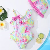 Resim 2 adet Kız Mayo Yeni Yaz Stili ile Yay, Çapraz Omuz Askısı, Dantel Kenar Bel ve Sırtta Oyma Tasarım Renkli Leopar Baskılı Dış Mekan Bikini Üçgen Tek Parça + Yüzme Kapağı 