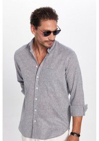 Resim Tudors Erkek Regular Fit Klasik Kesim Pamuklu Keten Doku Düğmeli Yaka Gri Gömlek-32967 Gri 