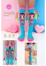 Resim Color Socks 1 Çift Örgü Saç Desenli Animasyon Kız Çocuk Çorap Topuksuz Turkuaz 