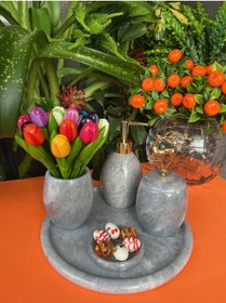 Resim MIARIK DESIGN & DEKORASYON Dekoratif Gri Oval Mermer Banyo Seti Takımı 5'li Aksesuar Detaylı Tasarım Set 