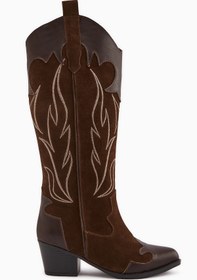 Resim Limoya Lara Hakiki Deri Kahve Süet Nakışlı Deri Detaylı Topuklu Western Çizme 