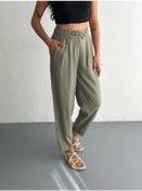 Resim Kadın Yüksel Bel Beli Bağcıklı Cepli Rahat Paça Pantalon - Su Yeşili Su Yeşili 