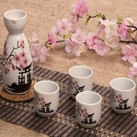 Resim Beyaz ve pembe çiçek tomurcuklarıyla el boyalı seramik Japon sake seti, 5 parça - İdeal doğum günü hediyesi ve koleksiyonluk, sadece elde yıkayın 
