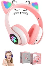 Resim Kensa Kedi Figürlü Kulaküstü Bluetooth Kulaklık Kedicikli Patili Işıklı Bluetooth + Kablolu Kulaklik 
