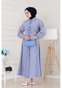 Resim Sevitli Çizgili Cepli Tesettür Elbise-lacivert-5135 Lacivert 