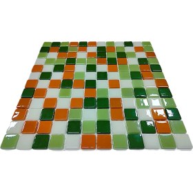 Resim MozaiKristaL Mutfak Tezgah Arası, Havuz, Banyo, Sauna, Spa - Tüm Ortam Yüzey ve Mekanlar İçin - 25 x 25 mm Yeşil-Beyaz-Turuncu Mix 31.5 x 31.5 cm Fileli Kristal Cam Mozaik 