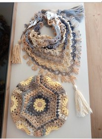 Resim Ressam Bereli Fular Eldiven Takımı , El Yapımı Bere Şal Set Sarı Geçişli 