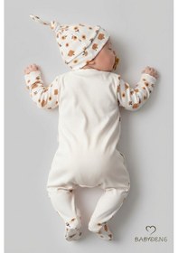 Resim Babyden's Halasının Balı Yazılı Yenidoğan Bebek Tulumu Şapka Seti Arı Desenli %100 Pamuk Çıtçıtlı Bebek Tulum Ekru - Çok Renkli 