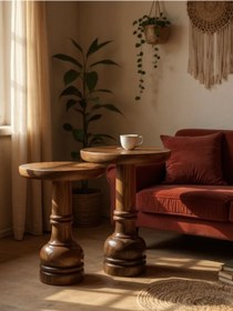 Resim ASELYA HOME Doğal Ahşap 2’li Set Mantar Yan Sehpa Modern Fiskos Zigon Çiçeklik 