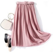 Resim Kore Moda Yüksek Bel Kadın Pileli Etek Kemer İle İlkbahar Yaz Zarif Ofis Kadın Etek Pembe 