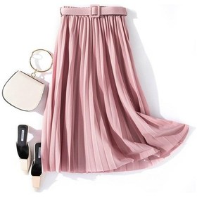 Resim Kore Moda Yüksek Bel Kadın Pileli Etek Kemer İle İlkbahar Yaz Zarif Ofis Kadın Etek Pembe 