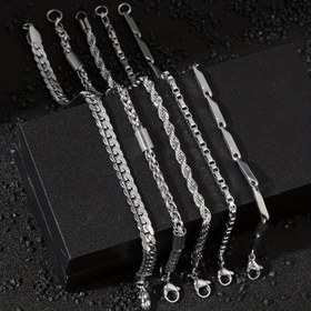 Resim 5'li Paket Erkek Paslanmaz Çelik Zincir Bileklikler - Modern Vintage Tarzı Ayarlanabilir Toka, Kıvrık Halat & Düz Bağlantı Tasarımlı Günlük Kıyafetler İçin, Sevgilinize Doğum Günü Noel Hediyesi, Erkek Moda Aksesuarı, Parlak Metalik Yüzey 