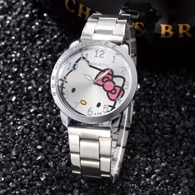 Resim Sanrio Hello Kitty Quartz Watch - Cute White Dial with Silveryy-Tone Alloy Case, Stainless Steel & Copper Strap, Battery Powered Electronic Movement, Non-rechargeable Button Battery, Cartoon Style Timepiece 
