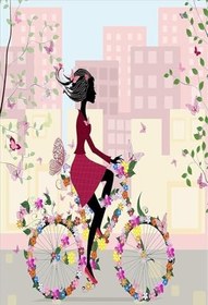 Resim Pelangi Bisiklet Süren Kız Çiçekli Kelebekli Dijital Baskı Yıkanabilir Kaymaz Taban Çocuk Odası Halısı, Çok Renkli 80 x 150 