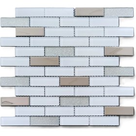 Resim MozaiKristaL Mutfak Tezgah Arası ve 23 x 73 x 4 mm Beyaz - Gümüş Krom - Gümüş Sim 30 x 30 cm Fileli Kristal Mozaik ( 1 m2 Fiyatıdır ) 