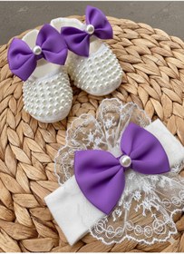 Resim Harry&Millie Kız Bebek Fiyonk Detay Parlak Incili patik dantelli bandana set 10cm Hediyelik Patik Lüx Cırtcıtlı 