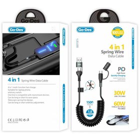 Resim Go Des GD-UC805 4in1 Type-C+USB-A to Type-C+Lightning Sarmal PD Şarj ve Data Kablosu 60W 1.8M - Siyah 
