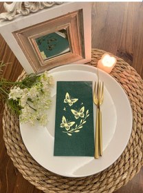 Resim Gold Yaldızlı Yeşil Kelebek Yaprak Detaylı Peçete 16 Adet 