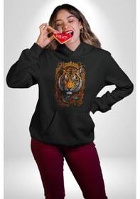 Resim Kaplan Süs Kadın Erkek Siyah Kapüşonlu Sweatshirt Hoodie Siyah 