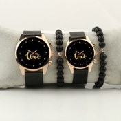 Resim STONY Love Yazı Siyah Zemin Sade Gold Çift Kol Saati Set Bileklik Hediye Bay 